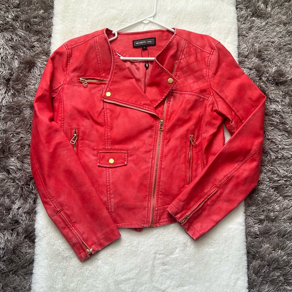 Coral distressed vegan leather moto jacket